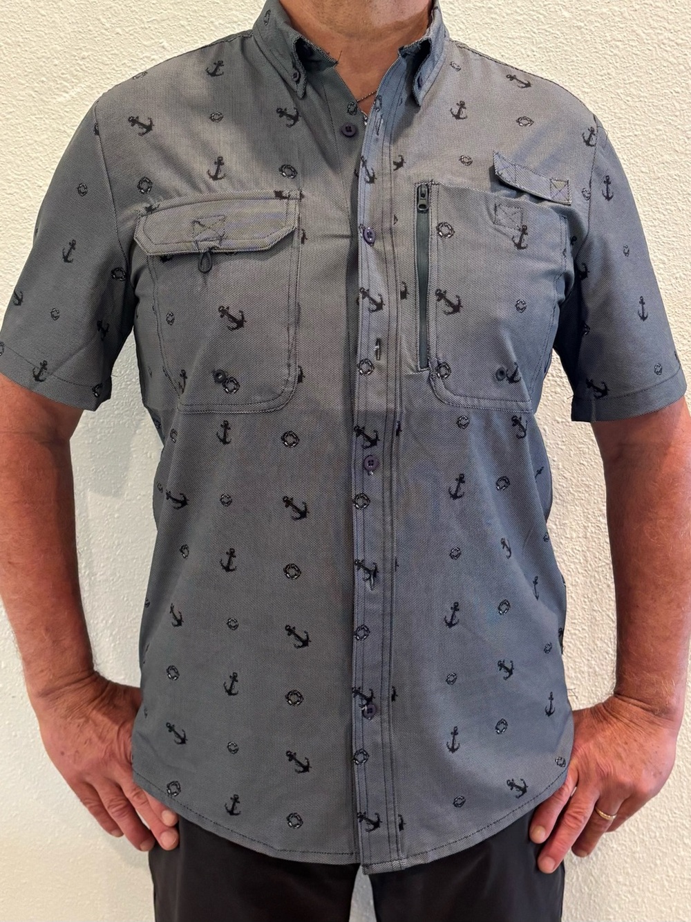 Ty Men's Short-Sleeve Anchor Print Button-Down Shirt - Gray